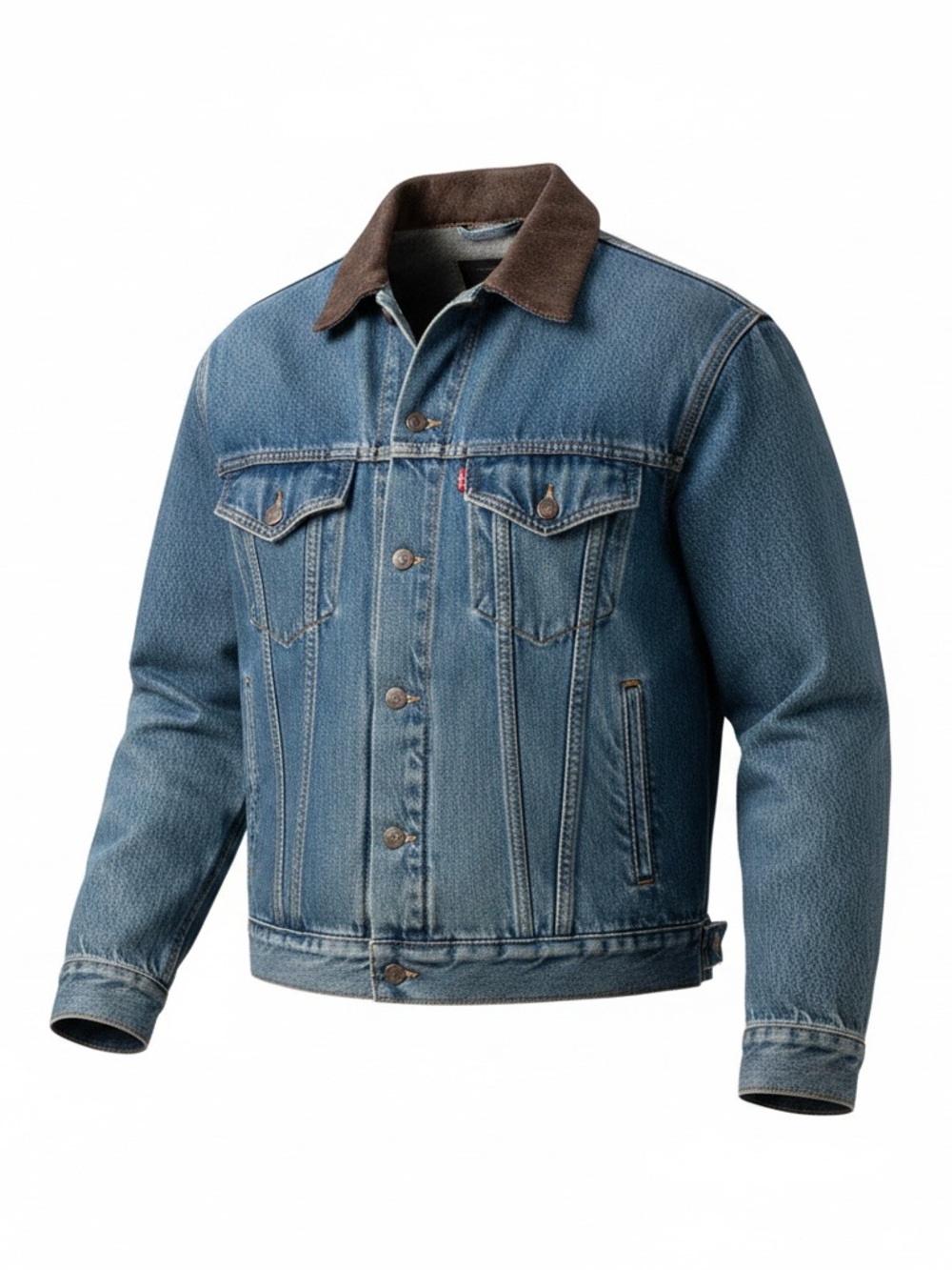 Vintage Trucker Denim Jacket with Brown Pleather Collar for Men.